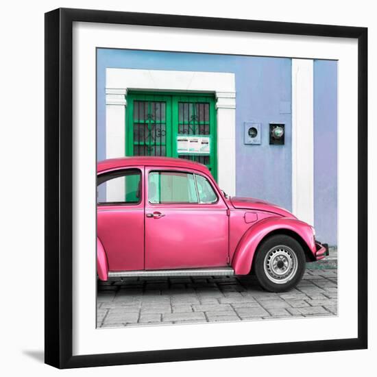 ¡Viva Mexico! Square Collection - The Hot Pink VW Beetle Car with Powder Blue Street Wall-Philippe Hugonnard-Framed Photographic Print