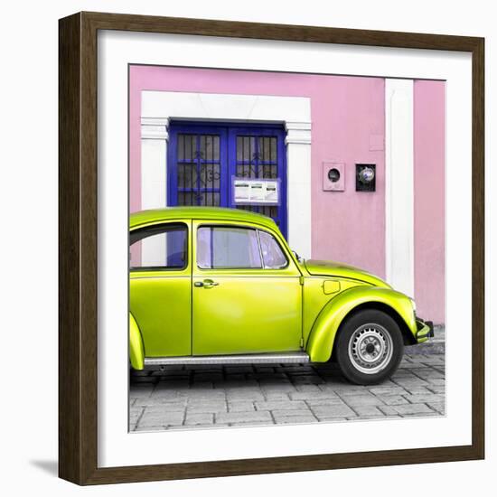 ¡Viva Mexico! Square Collection - The Lime Green VW Beetle Car with Light Pink Street Wall-Philippe Hugonnard-Framed Photographic Print