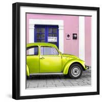 ¡Viva Mexico! Square Collection - The Lime Green VW Beetle Car with Light Pink Street Wall-Philippe Hugonnard-Framed Photographic Print