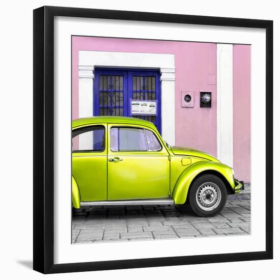 ¡Viva Mexico! Square Collection - The Lime Green VW Beetle Car with Light Pink Street Wall-Philippe Hugonnard-Framed Photographic Print