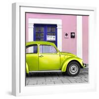 ¡Viva Mexico! Square Collection - The Lime Green VW Beetle Car with Light Pink Street Wall-Philippe Hugonnard-Framed Photographic Print