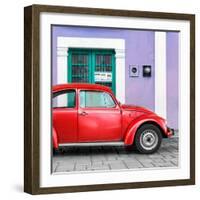 ¡Viva Mexico! Square Collection - The Red VW Beetle Car with Purple Street Wall-Philippe Hugonnard-Framed Photographic Print