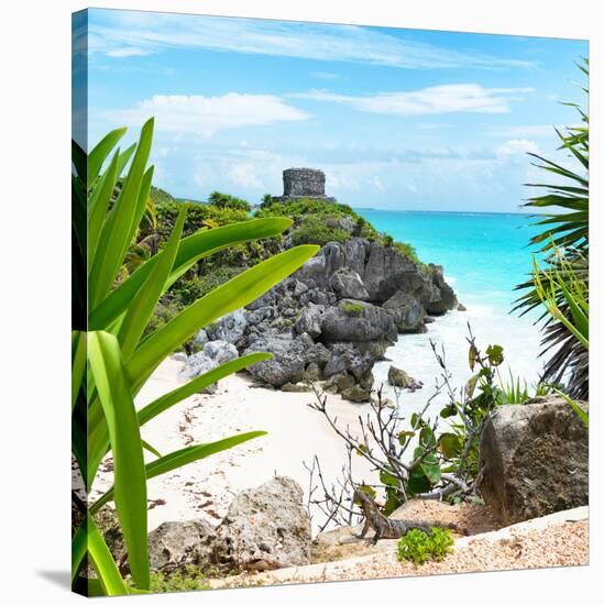 ¡Viva Mexico! Square Collection - Tulum Ruins along Caribbean Coastline with Iguana-Philippe Hugonnard-Stretched Canvas