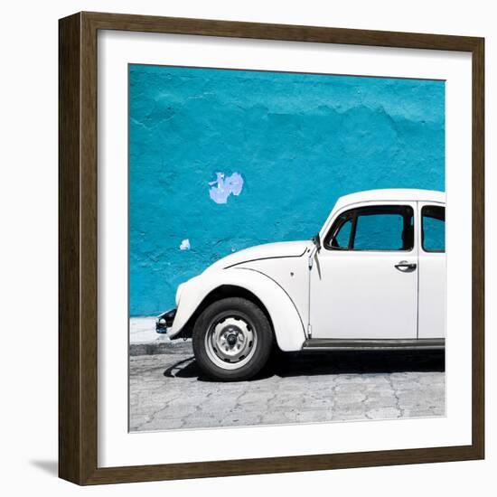 ¡Viva Mexico! Square Collection - White VW Beetle Car & Blue Wall-Philippe Hugonnard-Framed Photographic Print