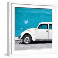 ¡Viva Mexico! Square Collection - White VW Beetle Car & Blue Wall-Philippe Hugonnard-Framed Photographic Print