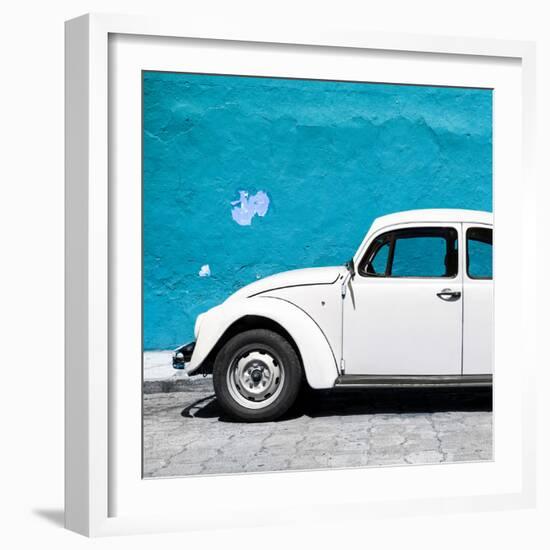 ¡Viva Mexico! Square Collection - White VW Beetle Car & Blue Wall-Philippe Hugonnard-Framed Photographic Print