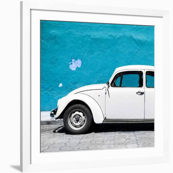 ¡Viva Mexico! Square Collection - White VW Beetle Car & Blue Wall-Philippe Hugonnard-Framed Photographic Print