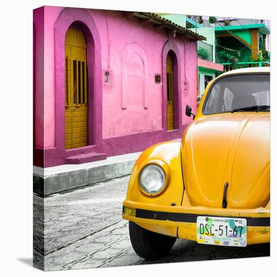 ¡Viva Mexico! Square Collection - Yellow VW Beetle Car and Colorful House-Philippe Hugonnard-Stretched Canvas