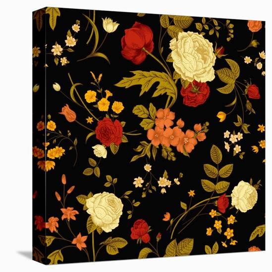 Vivid Victorian Flowers on a Black Background-Olga Korneeva-Stretched Canvas