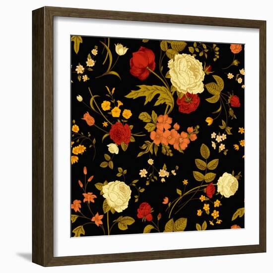 Vivid Victorian Flowers on a Black Background-Olga Korneeva-Framed Art Print