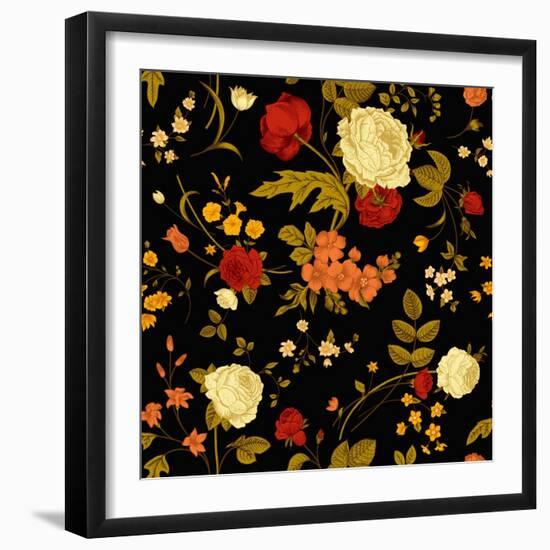 Vivid Victorian Flowers on a Black Background-Olga Korneeva-Framed Art Print