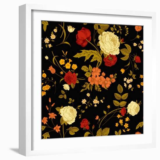 Vivid Victorian Flowers on a Black Background-Olga Korneeva-Framed Art Print