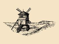 Hand Drawn Sketch of Rustic Windmill at Seashore. Vector Rural Landscape Illustration. European Cou-Vlada Young-Art Print