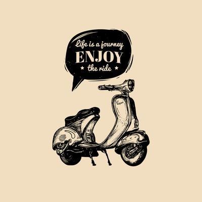 Life is a Journey, Enjoy the Ride Vector Typographic Poster. Hand Sketched Scooter Banner. Vector R