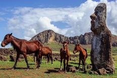 Horse near Statues on the Isla De Pascua. Rapa Nui. Easter Island-Vladimir Krupenkin-Photographic Print