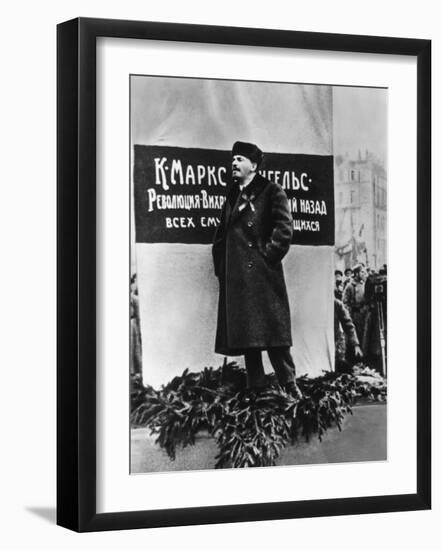 Vladimir Lenin He Speaks on the Occasion of the Inauguration of Monuments to Marx and Engels Moscow-null-Framed Premium Photographic Print