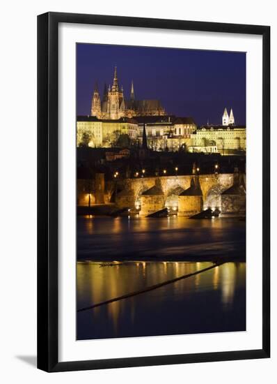 Vltava with Charles Bridge and Prague Castle, Central Bohemian Region, Czech Republic-null-Framed Art Print