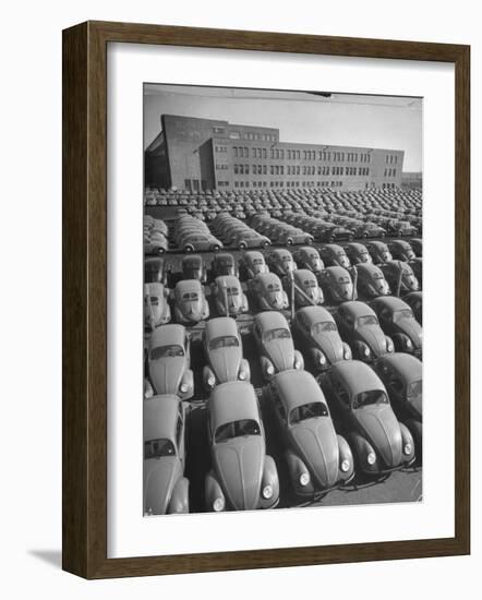 Volkswagen Factory Rolls an Average of 150 Efficient 4 Cylinder Sedans Into Storage Yards Every Day-Walter Sanders-Framed Photographic Print