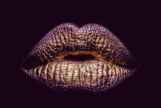 Sexy Female Golden or Gold Lips Isolated on Black Background as Makeup or Body Art Painted Mouth Me-Volodymyr Tverdokhlib-Framed Photographic Print