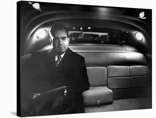 VP Richard Nixon Sitting Solemnly in Back Seat of Dimly Lit Limousine-Hank Walker-Stretched Canvas