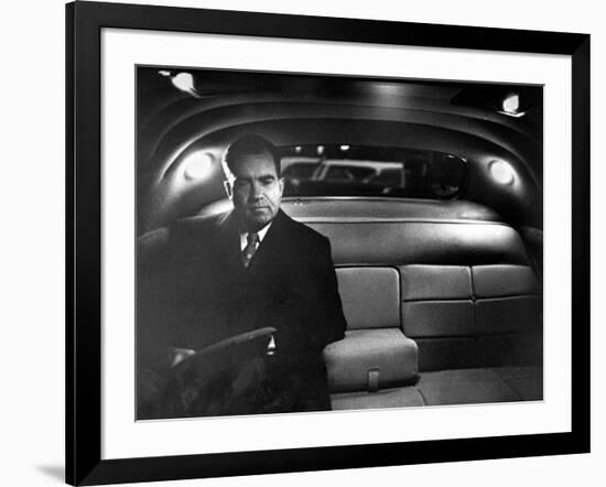 VP Richard Nixon Sitting Solemnly in Back Seat of Dimly Lit Limousine-Hank Walker-Framed Photographic Print