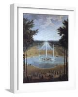 Vue du bassin d'Apollon et du Grand Canal de Versailles en 1713, au premier plan : Louis XIV à la-Pierre Denis Martin-Framed Giclee Print