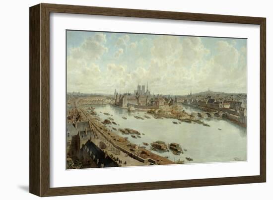 Vue panoramique de Paris en 1588 avec le Pont-Neuf en construction, prise des toits du Louvre-Theodor Hoffbauer-Framed Giclee Print