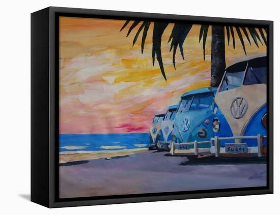 VW Volkswagen Bully Series - Blue Surf Bus Line-Martina Bleichner-Framed Stretched Canvas