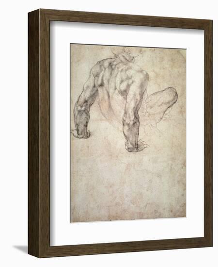 W.63R Study of a Male Nude, Leaning Back on His Hands-Michelangelo Buonarroti-Framed Premium Giclee Print