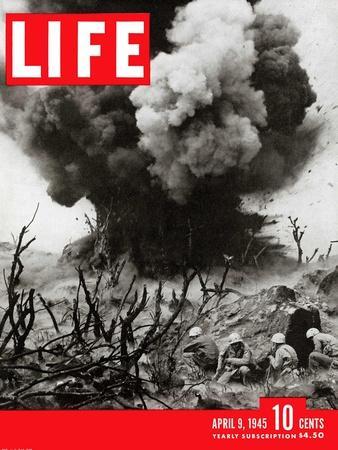 US Marines Behind Hillside Cover, Blowing up Connection to Japanese Blockhouse, WWII, April 9, 1945