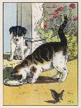 Cat Drinks a Saucer of Milk at a Doorstep Whilst Watched by a Dog-W. Foster-Laminated Art Print