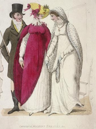Two Women Wearing Walking Dresses Accompanied by a Man, C1810