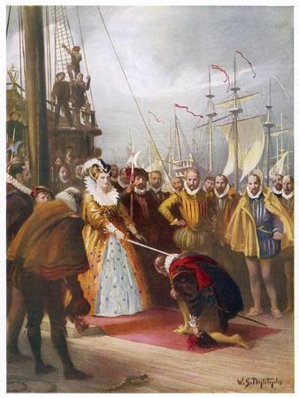 Queen Elizabeth I Knights Francis Drake on His Ship "Golden Hind" after His Round the World Voyage