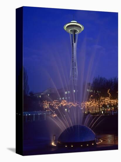 Wa, Seattle, International Fountain with Holiday Lights and the Space Needle-Jamie And Judy Wild-Stretched Canvas