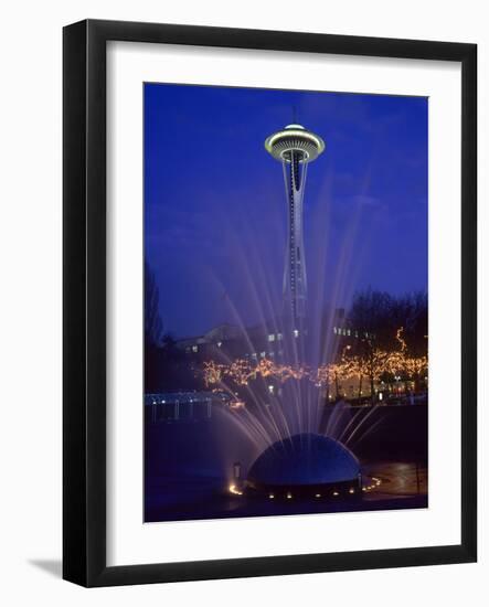 Wa, Seattle, International Fountain with Holiday Lights and the Space Needle-Jamie And Judy Wild-Framed Photographic Print