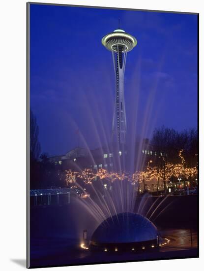 Wa, Seattle, International Fountain with Holiday Lights and the Space Needle-Jamie And Judy Wild-Mounted Photographic Print