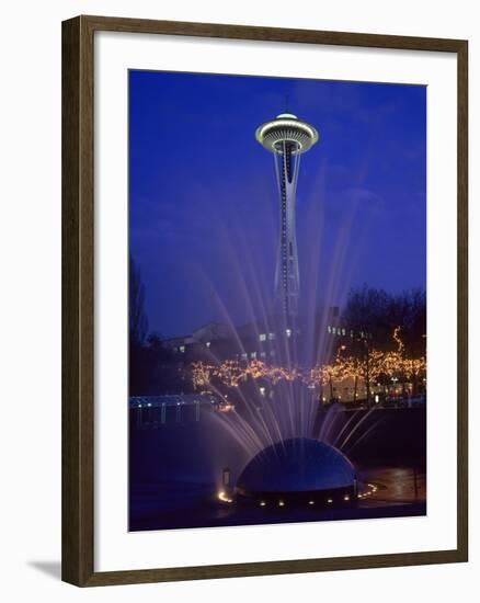 Wa, Seattle, International Fountain with Holiday Lights and the Space Needle-Jamie And Judy Wild-Framed Photographic Print