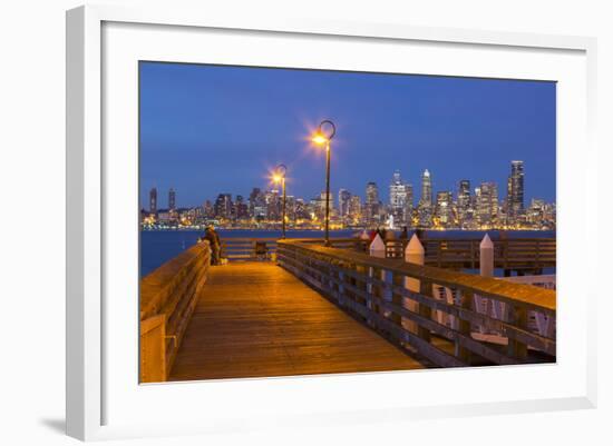 Wa, Seattle, Seacrest Park Fishing Pier, with Skyline View over Elliott Bay from West Seattle-Jamie And Judy Wild-Framed Photographic Print