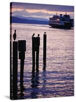 Wa State Ferry Coming in to Dock, Seattle, Washington, USA-Lawrence Worcester-Stretched Canvas