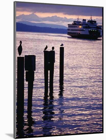 Wa State Ferry Coming in to Dock, Seattle, Washington, USA-Lawrence Worcester-Mounted Photographic Print