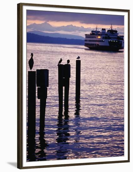 Wa State Ferry Coming in to Dock, Seattle, Washington, USA-Lawrence Worcester-Framed Photographic Print