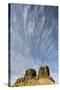 WA, Walla Walla County. Twin Sisters Monument and Streaking Clouds-Brent Bergherm-Stretched Canvas