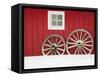 Wagon Wheels on Snow Against Stable-Stuart Westmorland-Framed Stretched Canvas