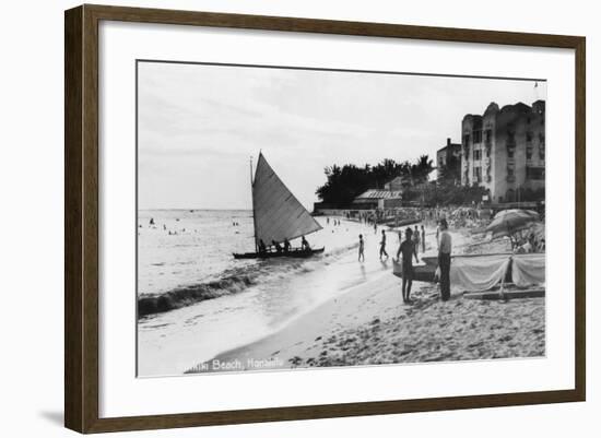 Waikiki Beach and Boats Honolulu, Hawaii Photograph - Honolulu, HI-Lantern Press-Framed Art Print