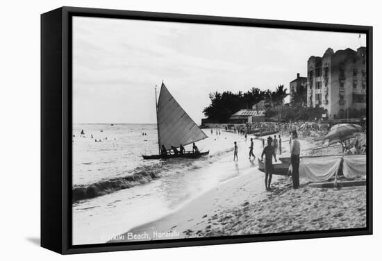 Waikiki Beach and Boats Honolulu, Hawaii Photograph - Honolulu, HI-Lantern Press-Framed Stretched Canvas