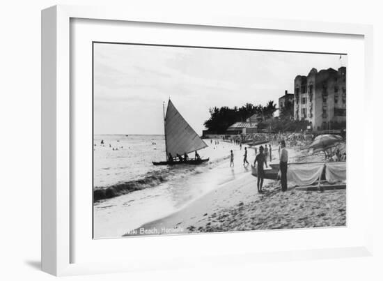 Waikiki Beach and Boats Honolulu, Hawaii Photograph - Honolulu, HI-Lantern Press-Framed Art Print