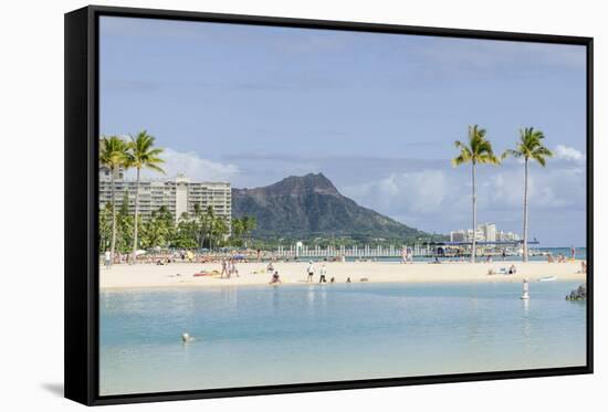 Waikiki Beach and Diamond Head, Waikiki, Honolulu, Oahu, Hawaii, United States of America, Pacific-Michael DeFreitas-Framed Stretched Canvas