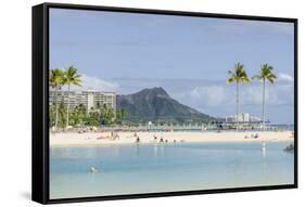Waikiki Beach and Diamond Head, Waikiki, Honolulu, Oahu, Hawaii, United States of America, Pacific-Michael DeFreitas-Framed Stretched Canvas