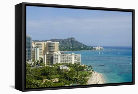 Waikiki Beach and Diamond Head, Waikiki, Honolulu, Oahu, Hawaii, United States of America, Pacific-Michael DeFreitas-Framed Stretched Canvas