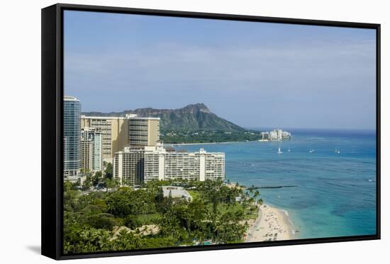 Waikiki Beach and Diamond Head, Waikiki, Honolulu, Oahu, Hawaii, United States of America, Pacific-Michael DeFreitas-Framed Stretched Canvas